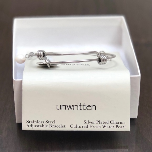 A Amazing / Initial Pearl Silver Adjustable Charm Bangle by Unwritten - Picture 12 of 13